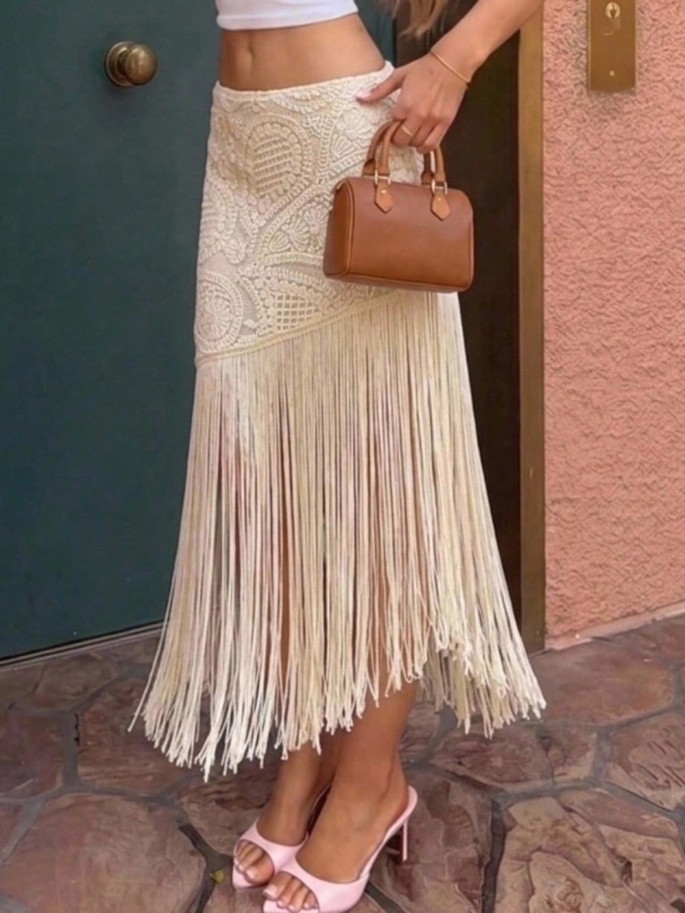 Boho Floral lace Stretchy Waist Tassel Detail Maxi Skirt - Picture 1 of 6